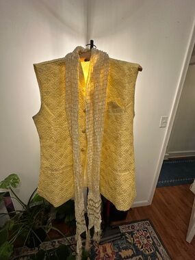 Yellow Knit Vest with Long Textured Scarf